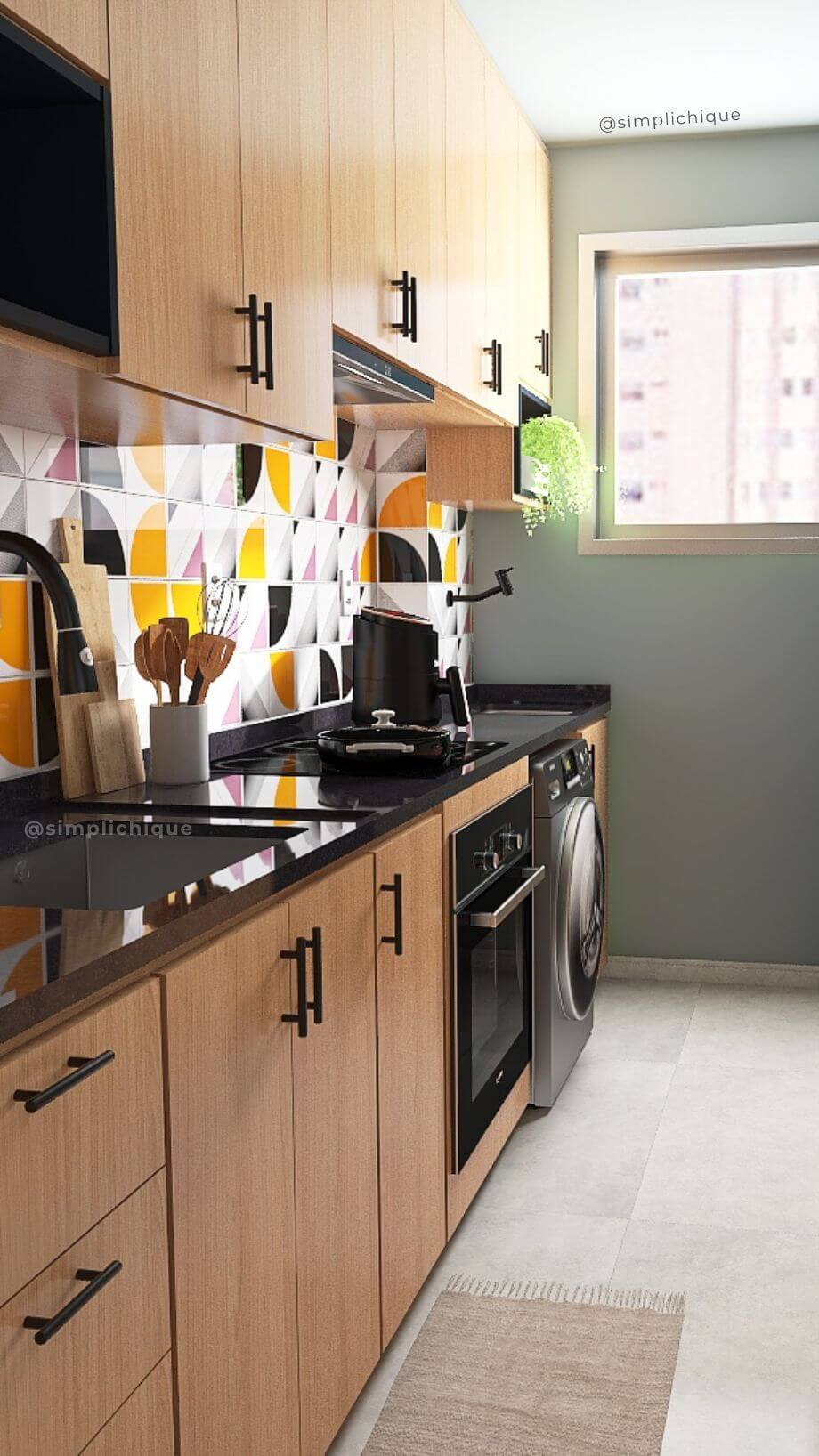 cozinha com bancada preta e eletrodomésticos pretos