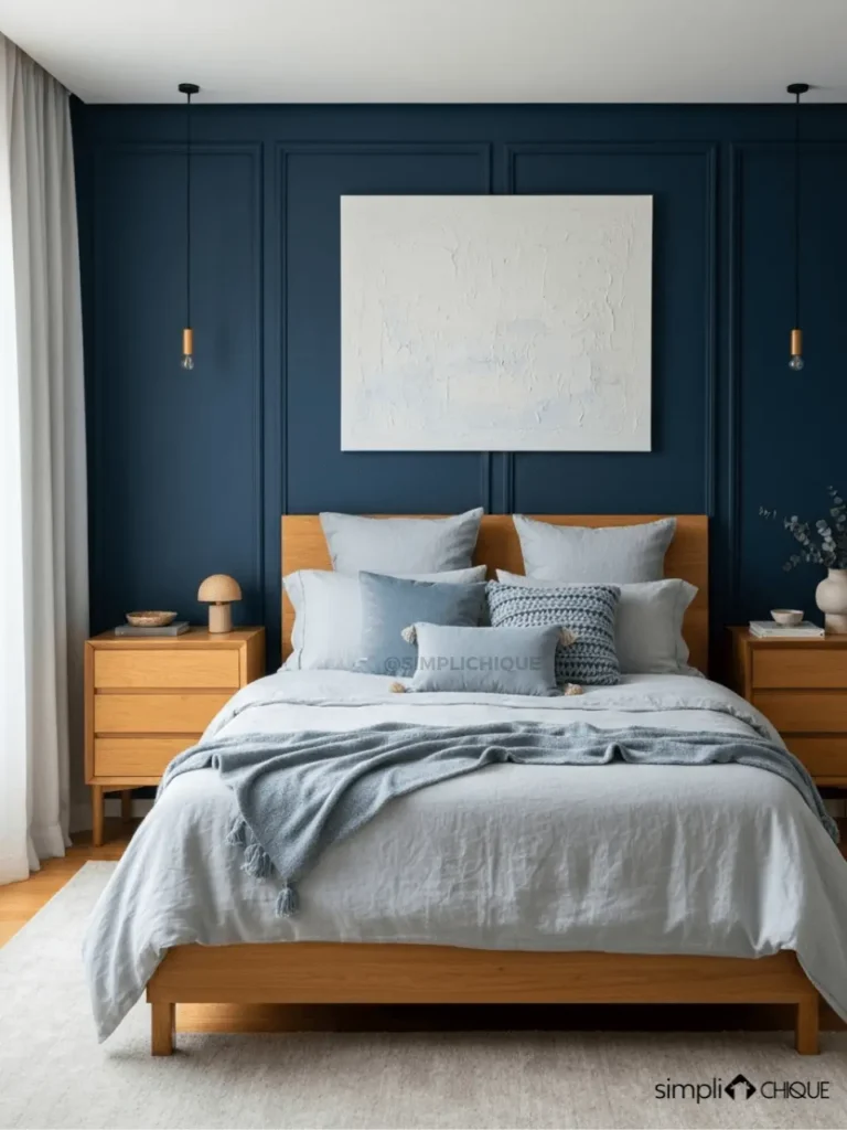 Quarto de casal com parede azul marinho