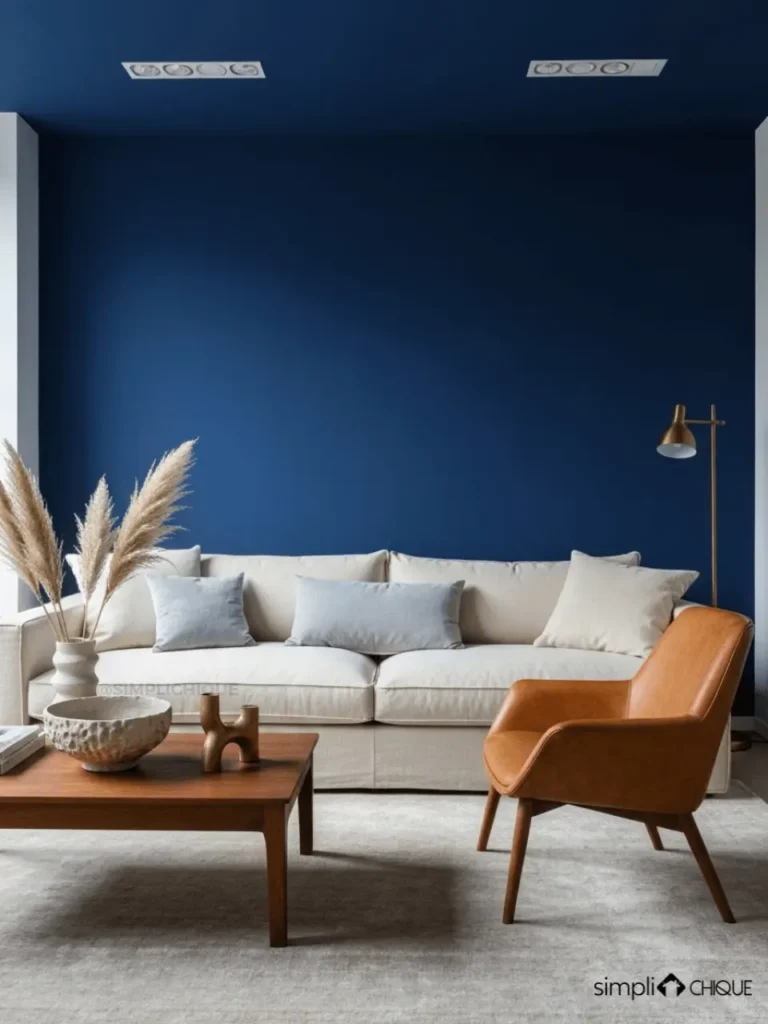 sala neutra com parede azul