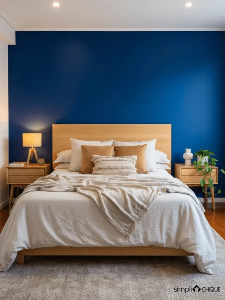 Quarto de casal com parede azul