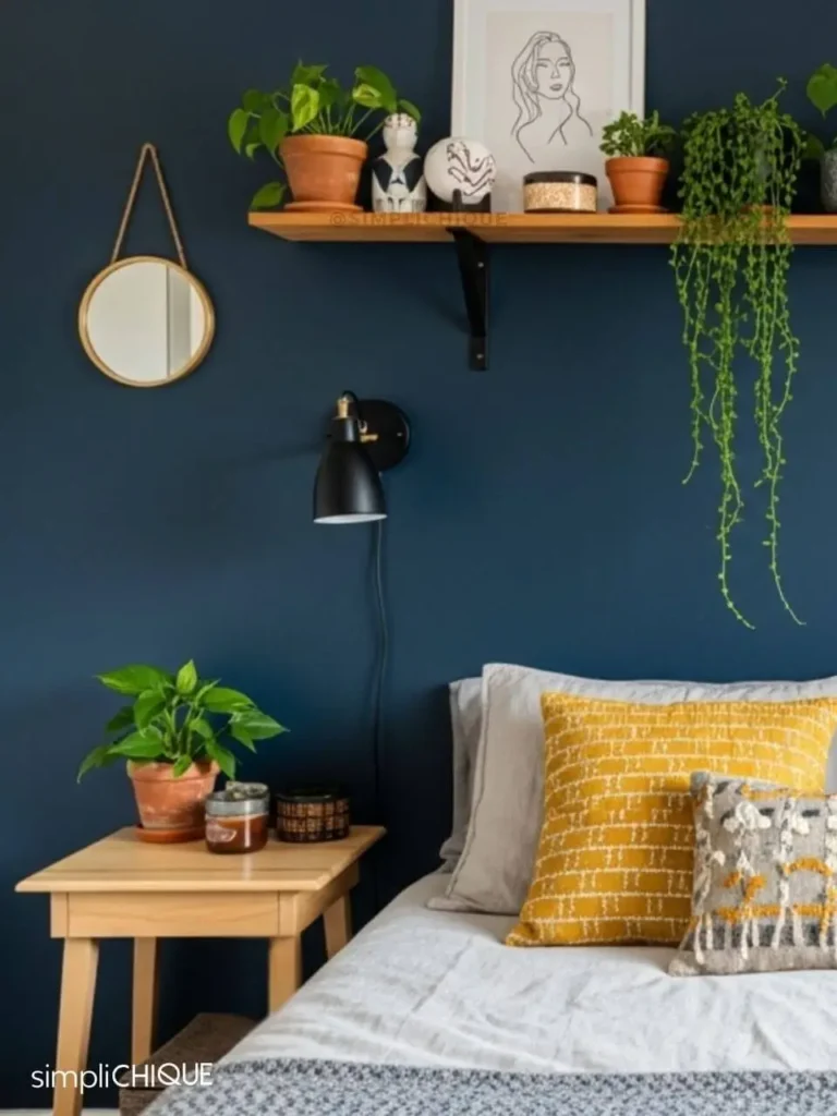 quarto de casal com parede azul marinho