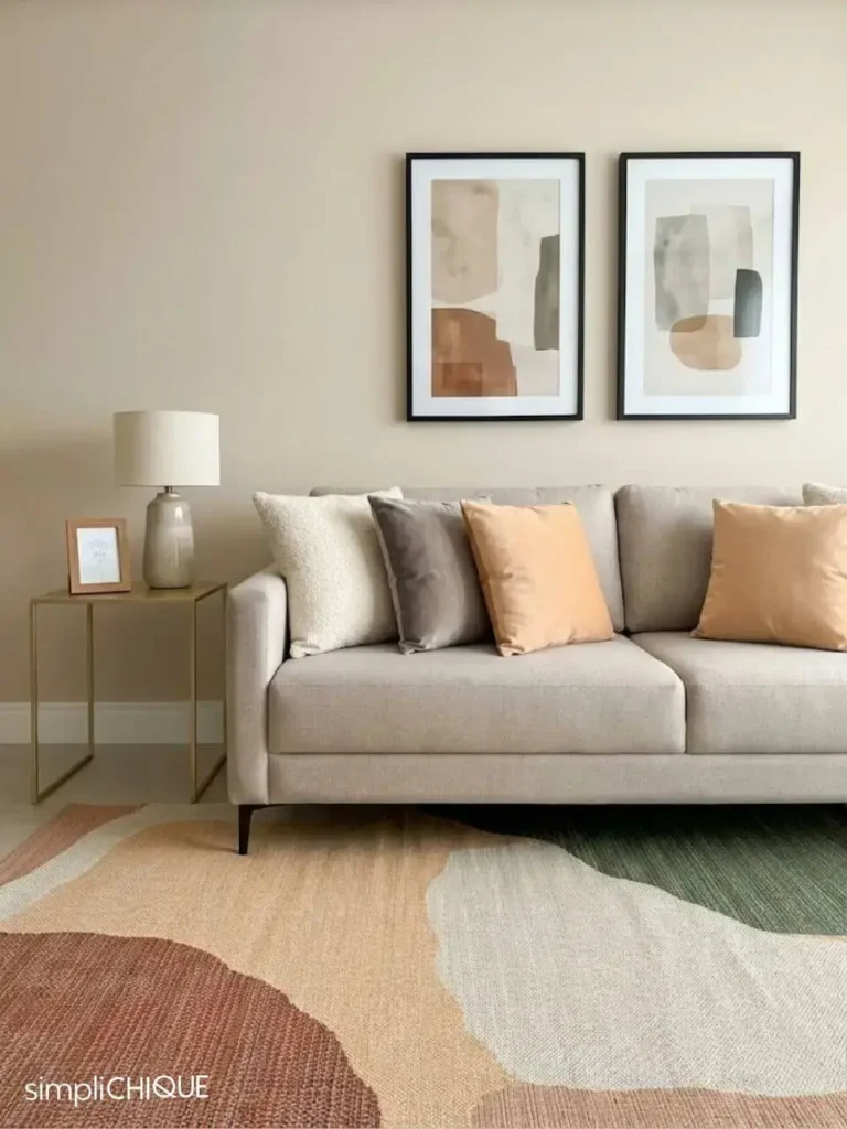 sala clean e moderna com tapete de estampa orgânica