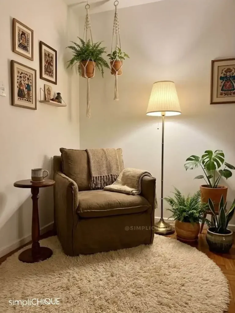 cantinho de leitura com poltrona confortável, abajur de piso e um tapete redondo felpudo e macio