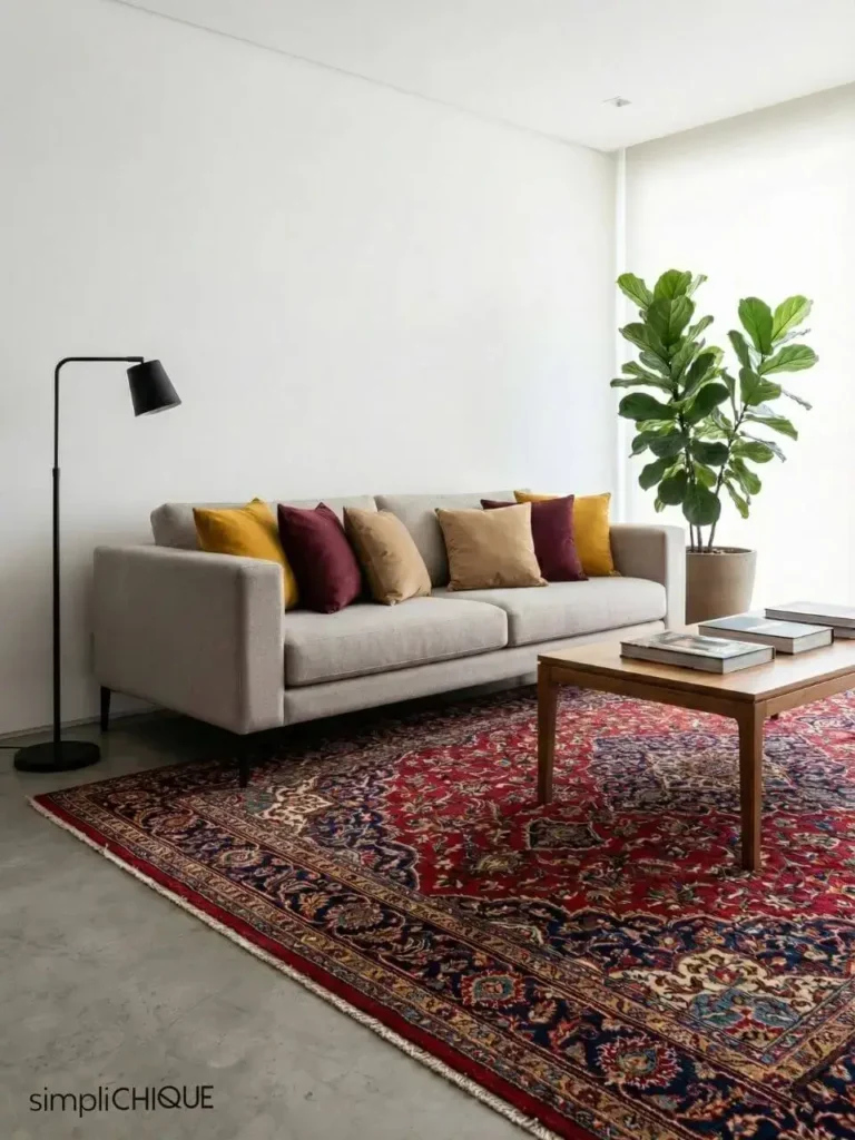 sala moderna e clean com tapete persa colorido