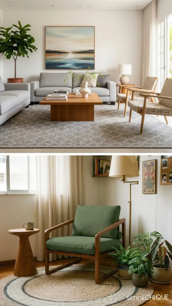 imagem dividida em duas partes; na metade de cima, uma sala de estar com dois sofás cinza e duas poltronas trançadas, e um grande tapete retrangular une esses móveis. Na metade de baixo, um cantinho de leitura com uma poltrona verde musgo e um tapete redondo.